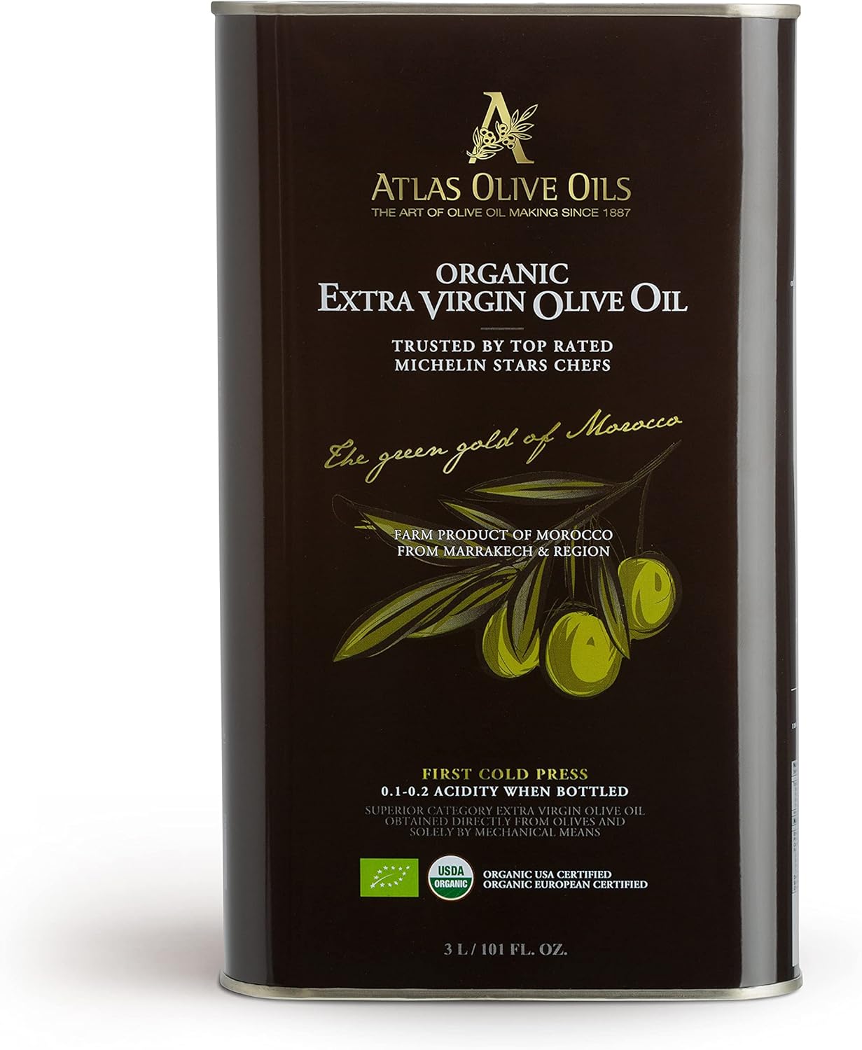 Atlas 3 LT Organic Cold Press Extra Virgin Olive Oil with Polyphenol Rich from Morocco|Newly Harvested Unprocessed from One Single Family Farm | Moroccan EVOO Trusted by Award-Winning Chefs