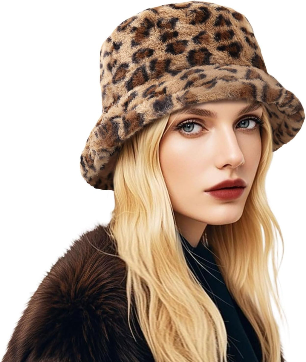 DOCILA Winter Fuzzy Bucket Hat for Women Men Fashion Print Plush Furry Faux Fur Fisherman Hats Warm Cold Weather Bucket Caps