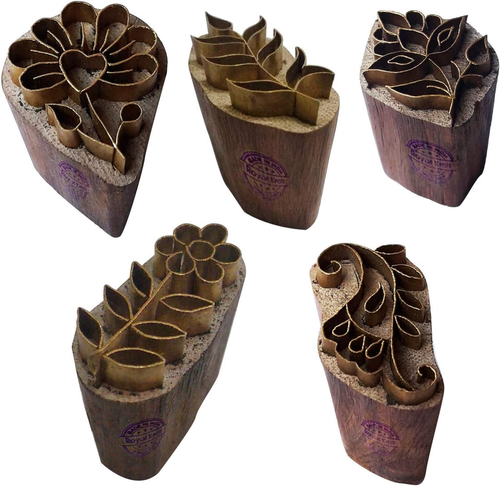 Royal Kraft Floral Brass Wooden Printing Stamps (Set of 5) - DIY Fabric, Clay, Pottery Blocks BHtag0001
