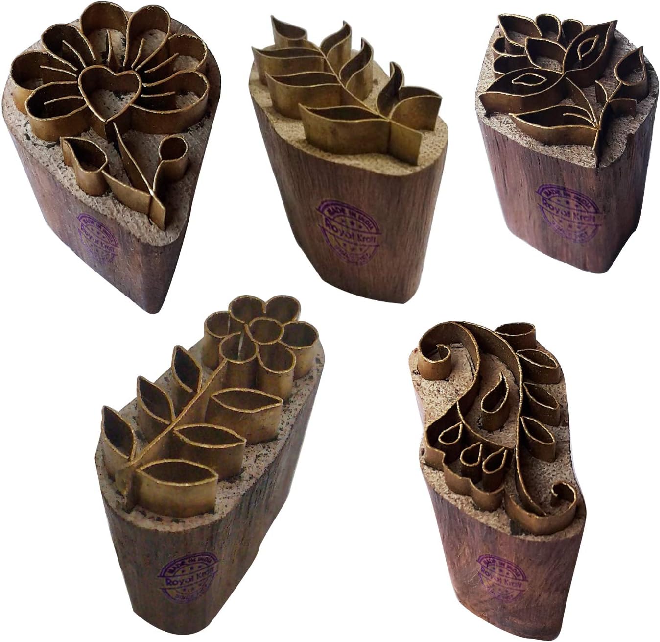 Royal Kraft Floral Brass Wooden Printing Stamps (Set of 5) - DIY Fabric, Clay, Pottery Blocks BHtag0001