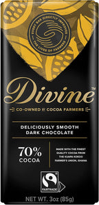 Divine Chocolate Bars - 70% Dark Chocolate - Made with Fairtrade Cocoa, Natural Ingredients, No Artificial Flavors | 3oz. Bars (12 Pack)