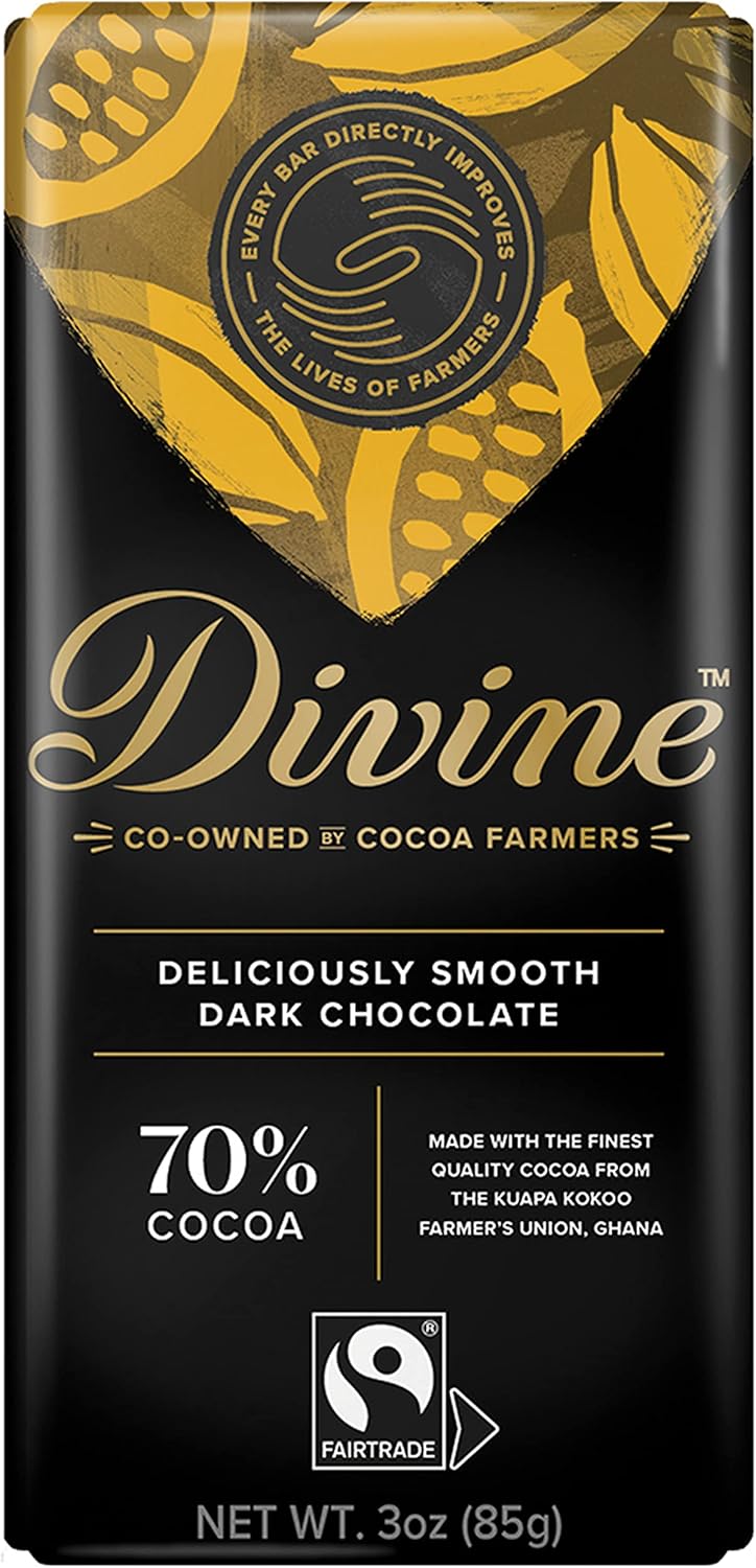 Divine Chocolate Bars - 70% Dark Chocolate - Made with Fairtrade Cocoa, Natural Ingredients, No Artificial Flavors | 3oz. Bars (12 Pack)