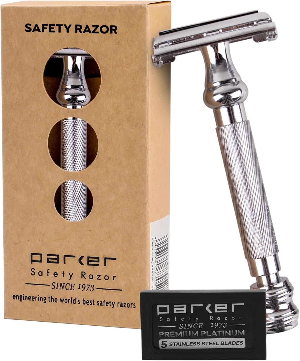 Parker 99R Chrome Long Handle Heavyweight Butterfly Open Double Edge Safety Razor for Men | 5 Parker Premium Platinum Double Edge Razor Blades Included | Iconic Brand
