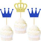 Ercadio 24 Pack Crown Cupcake Toppers - Royal Crown Prince & Queen Cupcake Picks for Theme Party Decoration Supplies