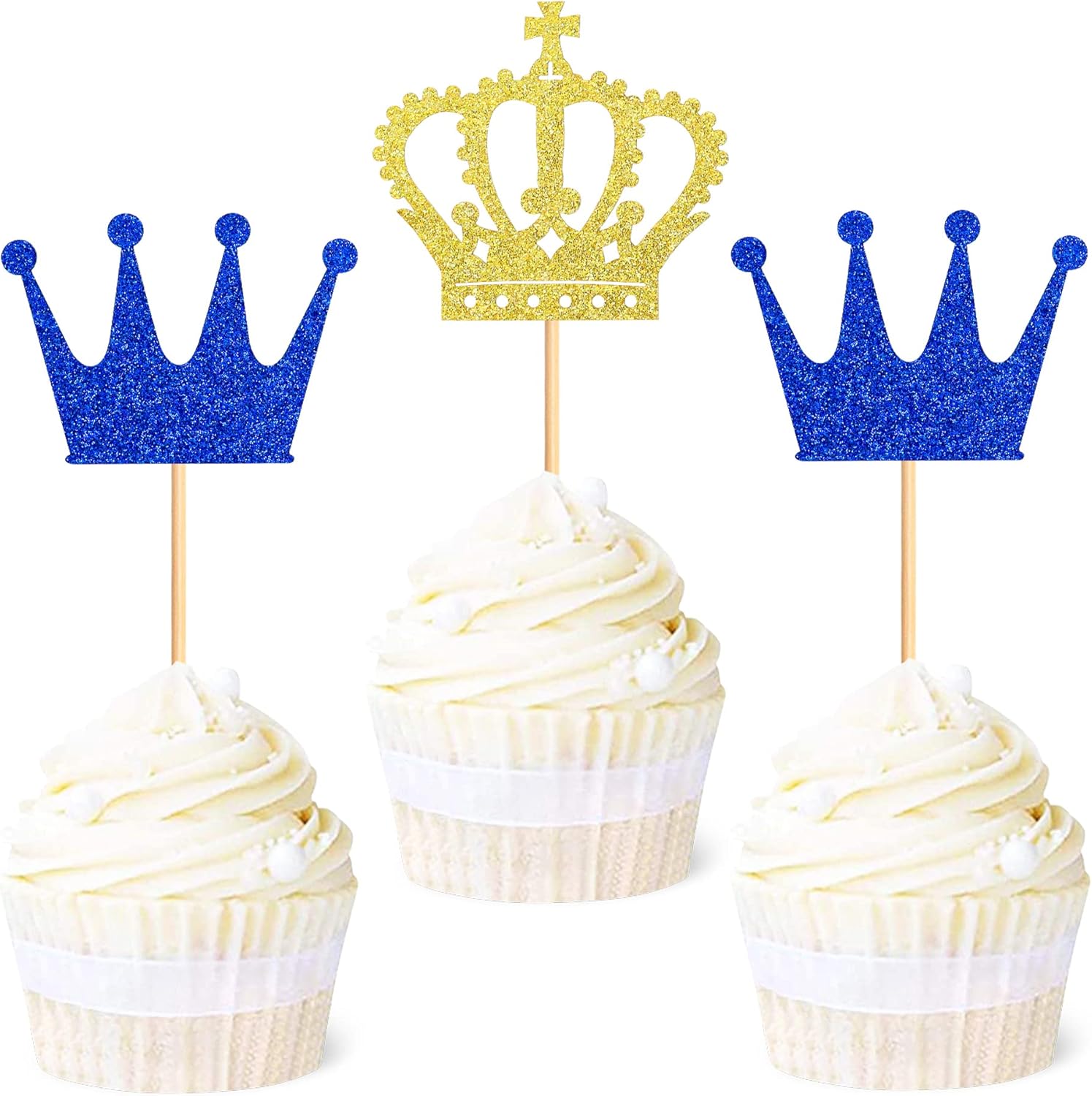 Ercadio 24 Pack Crown Cupcake Toppers - Royal Crown Prince & Queen Cupcake Picks for Theme Party Decoration Supplies