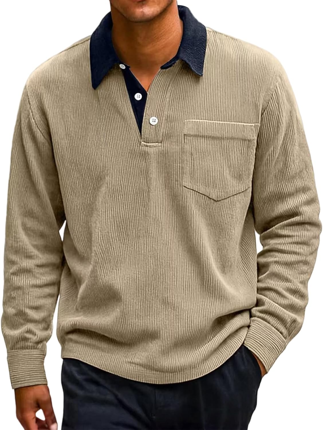 Men's Corduroy Sweatshirts Casual Long Sleeve Polo Shirts Lightweight Quarter Button Collared Golf Tops