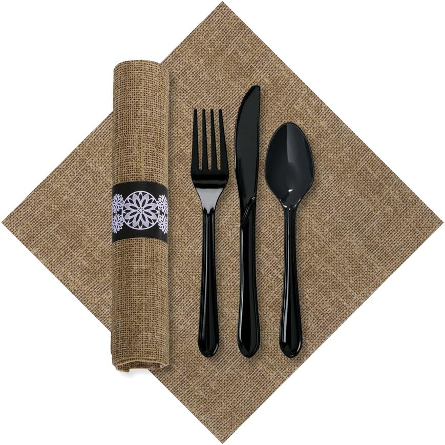 Hoffmaster 120006 FashnPoint Burlap CaterWrap with Print Dinner Napkin and Black Cutlery, Pre-Rolled, 15.5" Length x 15.5" Width, Natural (2 Bags of 50) (Pack of 100), 15.5" x 15.5"