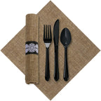 Hoffmaster 120006 FashnPoint Burlap CaterWrap with Print Dinner Napkin and Black Cutlery, Pre-Rolled, 15.5" Length x 15.5" Width, Natural (2 Bags of 50) (Pack of 100), 15.5" x 15.5"