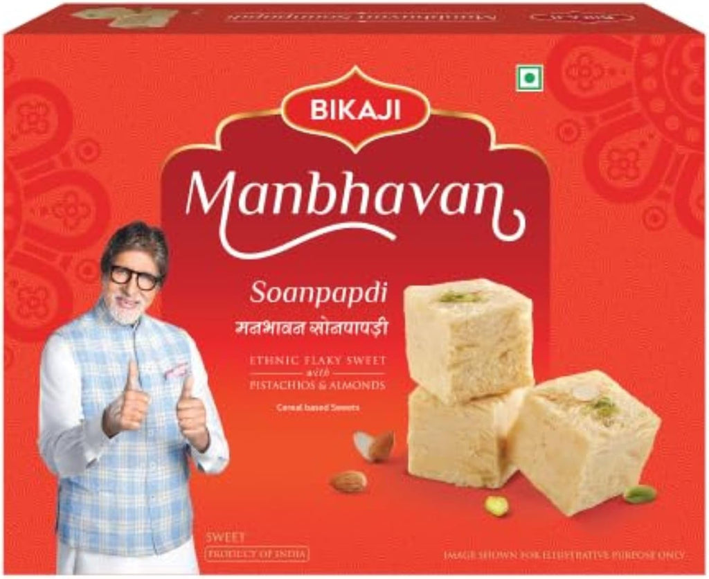 Bikaji Soan Papdi Manbhawan 17.6 oz (500 g), Traditional Indian Flaky Sweet with Almonds and Pistachios, Light Melt in Mouth Mithai Dessert, Ready to Eat Sweet Box, Perfect for Gifting, Festivals & Celebrations