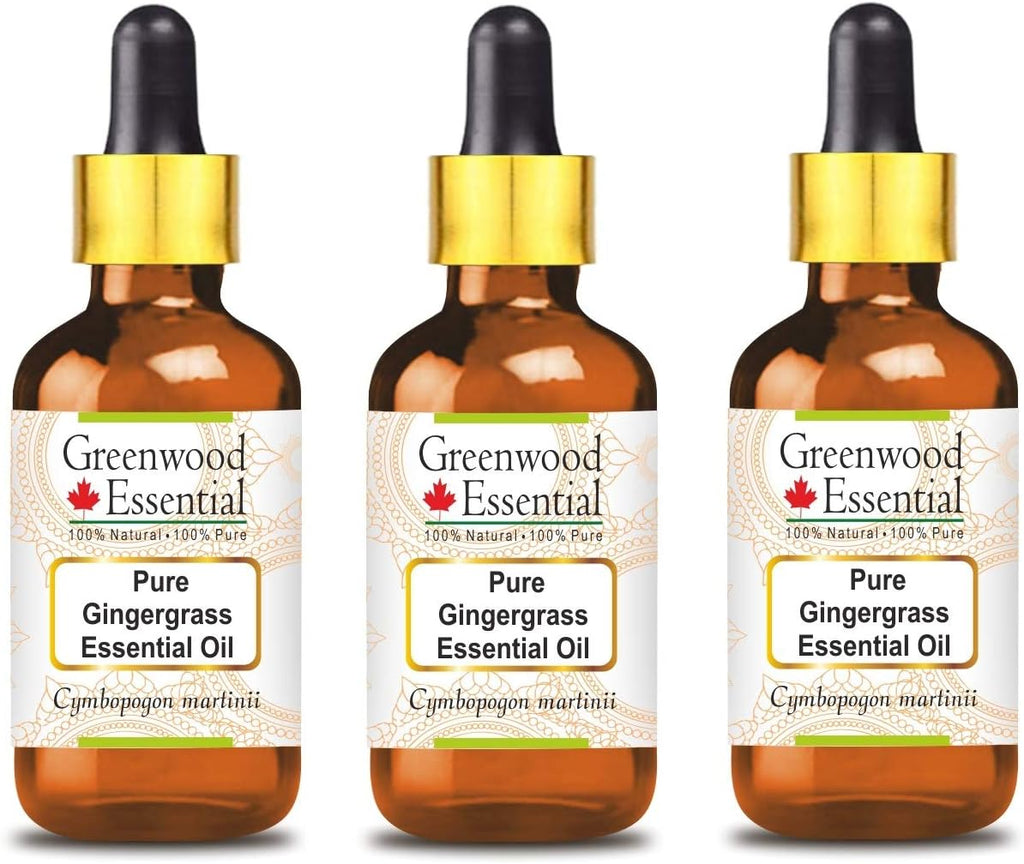Greenwood Essential Pure Gingergrass Essential Oil (Cymbopogon martinii) with Glass Dropper Steam Distilled (Pack of Three) 100ml X 3 (10.1oz)