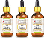 Greenwood Essential Pure Gingergrass Essential Oil (Cymbopogon martinii) with Glass Dropper Steam Distilled (Pack of Three) 100ml X 3 (10.1oz)
