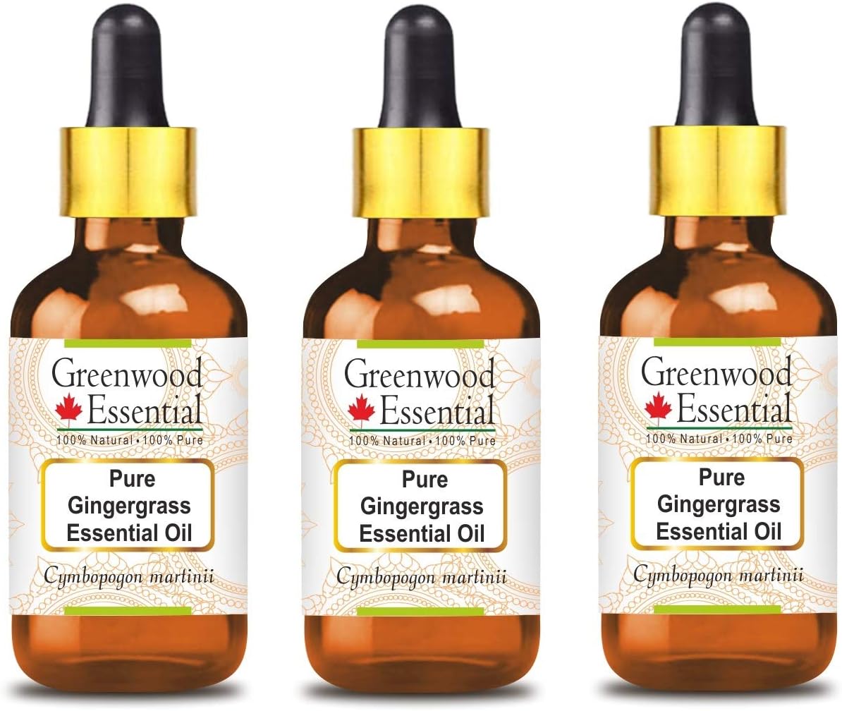 Greenwood Essential Pure Gingergrass Essential Oil (Cymbopogon martinii) with Glass Dropper Steam Distilled (Pack of Three) 100ml X 3 (10.1oz)