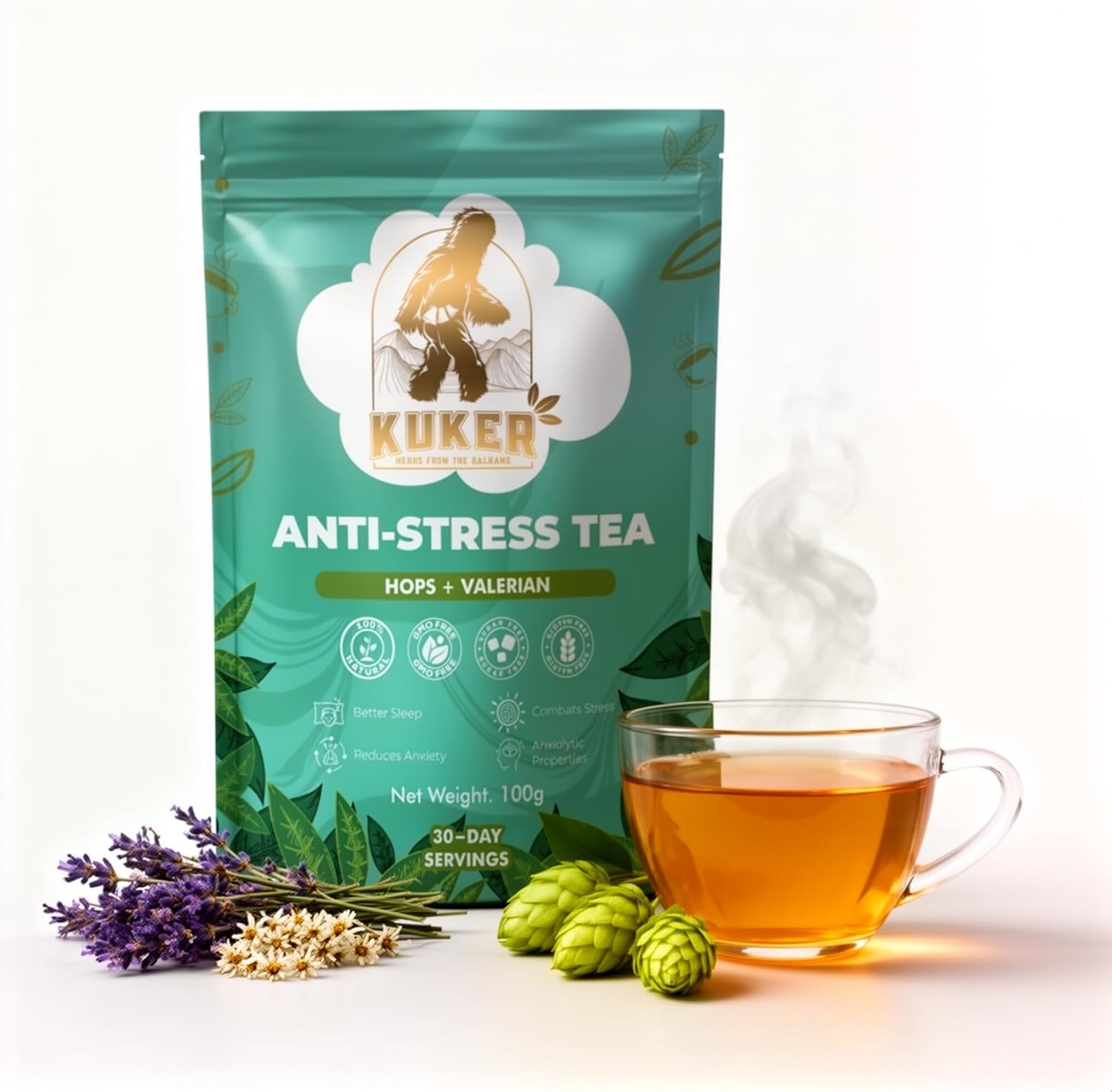 KUKER Anti-Stress Tea 100g Loose Leaf – Calming Herbal Tea with Chamomile, Valerian, Lavender & Lemon Balm – Natural Anxiety Relief & Sleep Support