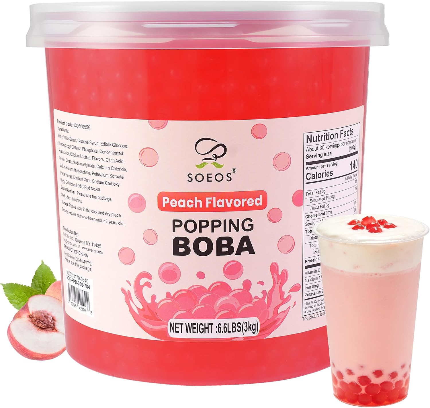 Soeos Peach Popping Boba, 6.6 lbs (3kg), Bursting Peach Flavor Boba Pearls, Perfect for Bubble Tea, Desserts & Yogurt Toppings, Ready to Serve
