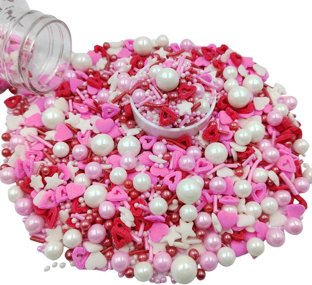 Edible Heart Sprinkles Red White and Pink Sprinkles Mix with Pearl Decorations Hearts Cake Decorations Cupcake Toppers Baking Cookie Decorating Ice Cream Toppings Celebration Valentines Decoration
