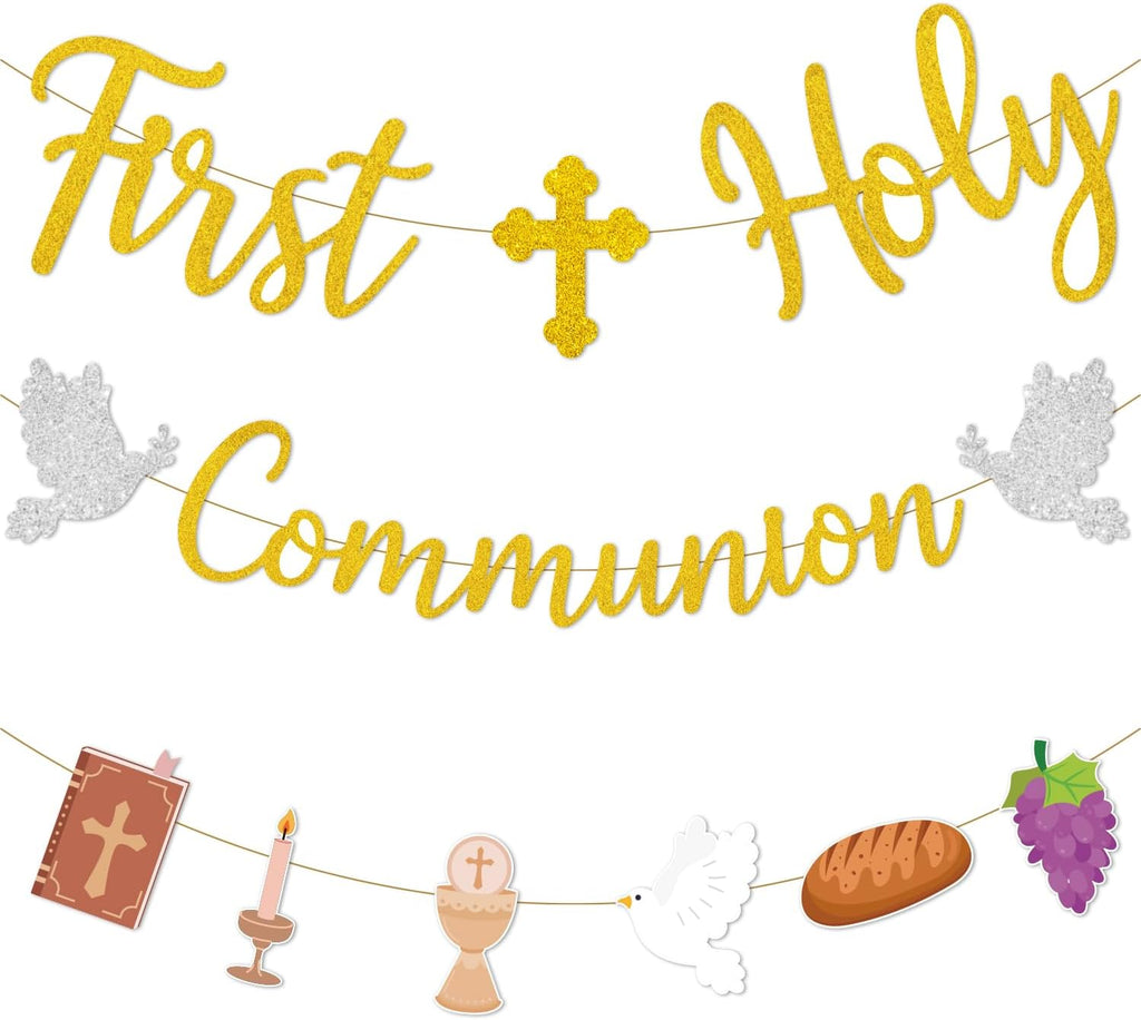 Pre-Strung 9.8 Ft First Holy Communion Glitter Gold Banner, Christian Religious Banner Baptism Decorations for Kids Boy Girl Baby Shower Party Supplies