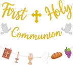 Pre-Strung 9.8 Ft First Holy Communion Glitter Gold Banner, Christian Religious Banner Baptism Decorations for Kids Boy Girl Baby Shower Party Supplies