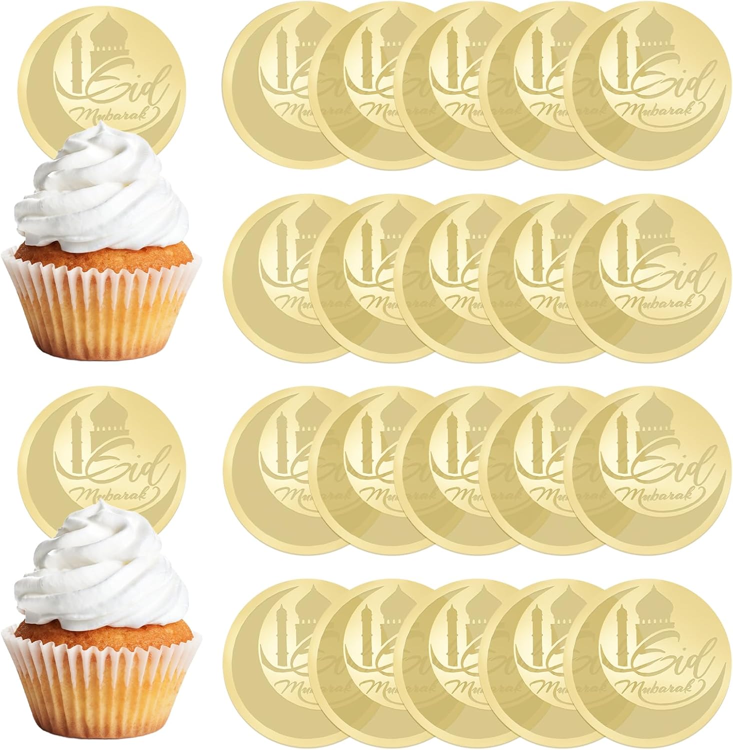 Eid al Fitr Cupcake Topper, 20Pcs Gold Acrylic Eid Mubarak Festival Moon Cake Dics Ramadan Mubarak Cake Picks Islamic Muslim Party Decor