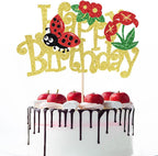 Glitter Ladybug Happy Birthday Cake Topper,Ladybug Themed Birthday Party Supplies，Garden Bugs Party Decoration,Ladybird Birthday Cake Decor For Baby Shower