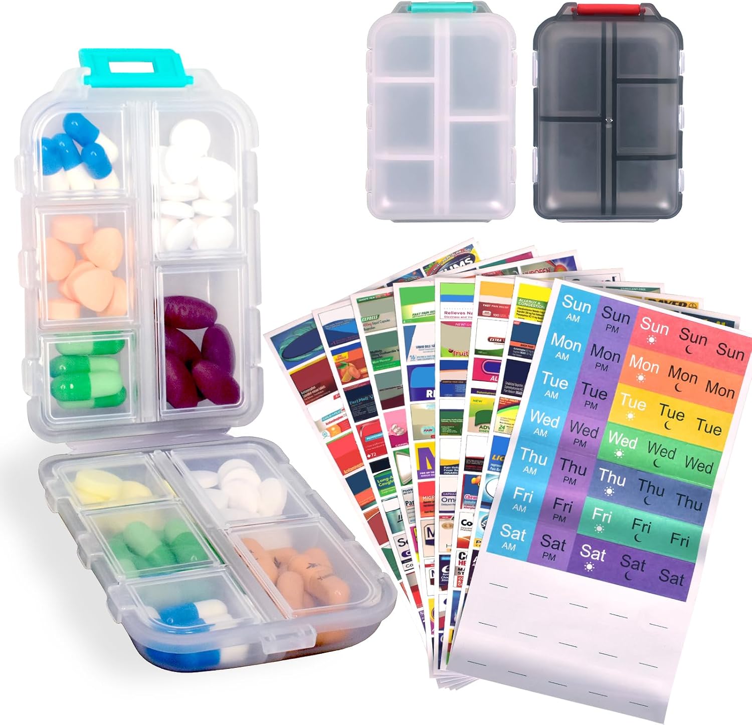 2 Pcs Pill Organizer with Medicine Labels, Portable Travel Medicine Daily Pill Container Organizer 7 Day Pill Case Storage Vitamin Fish Oil (White & Gray, 320 Medicine Lables)