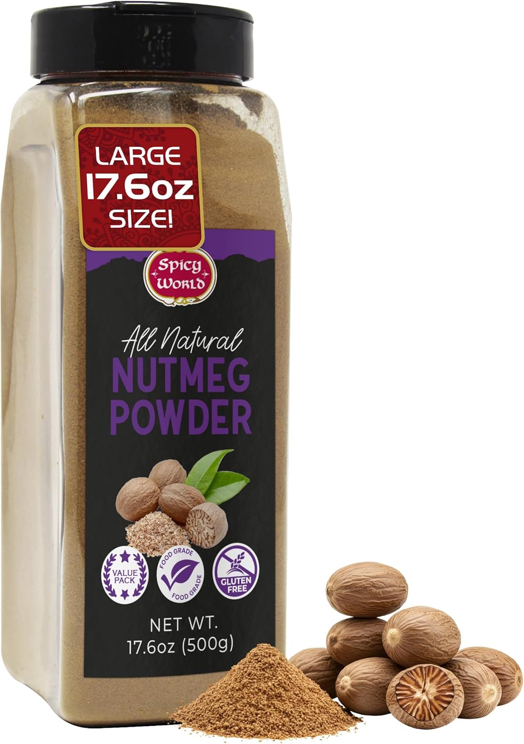 Spicy World Nutmeg Powder 17.6oz Jar (500g) - Premium Quality, Ground Nutmeg, Pure & Aromatic Spice for Baking, Cooking, Smoothies, Lattes & Desserts