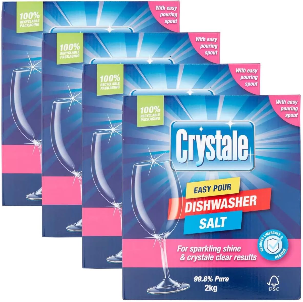Crystale Easy Pour Dishwasher Salt, 99.8% Pure, 100% Recyclable Packaging, 2kg, Pack of 4