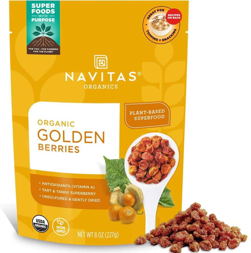Navitas Organics Goldenberries– For Healthy Snacks, Topping, Baking & More – Dried Fruit – No Added Sugar & Sulfite Free – USDA Organic, Non GMO, Kosher, Gluten Free, Vegan (8oz. Bag, 8 Servings)