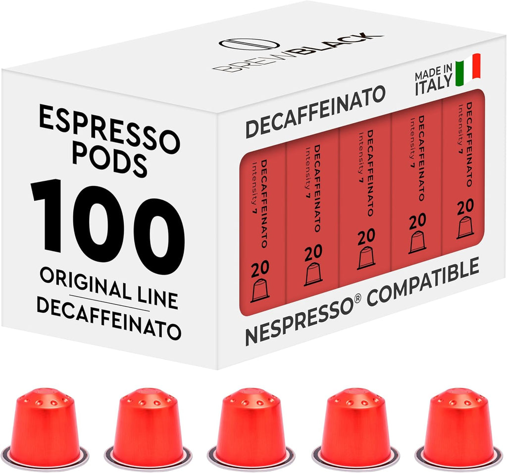 BrewBlack Decaffeinato Coffee Capsules - 100 Aluminum Coffee Pods Compatible with Nespresso Original line, Medium Roast - Intensity 7/12, Made in Italy