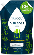 Puracy Natural Dish Soap Refill - Skin-Softening Plant-Based Liquid Dishwashing Detergent Soap, Clean-Rinsing Water-Sheeting Formula (Organic Lemongrass, 48 fl oz)