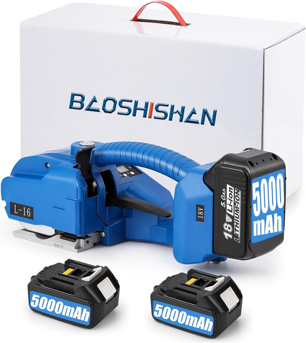BAOSHISHAN 2x5000mah Electric Strapping Machine, 600-3200N Automatic Tensioning Strapping Tool for 1/2-5/8in PP PET Straps Packaging Tensioner Machine for Box Pallet