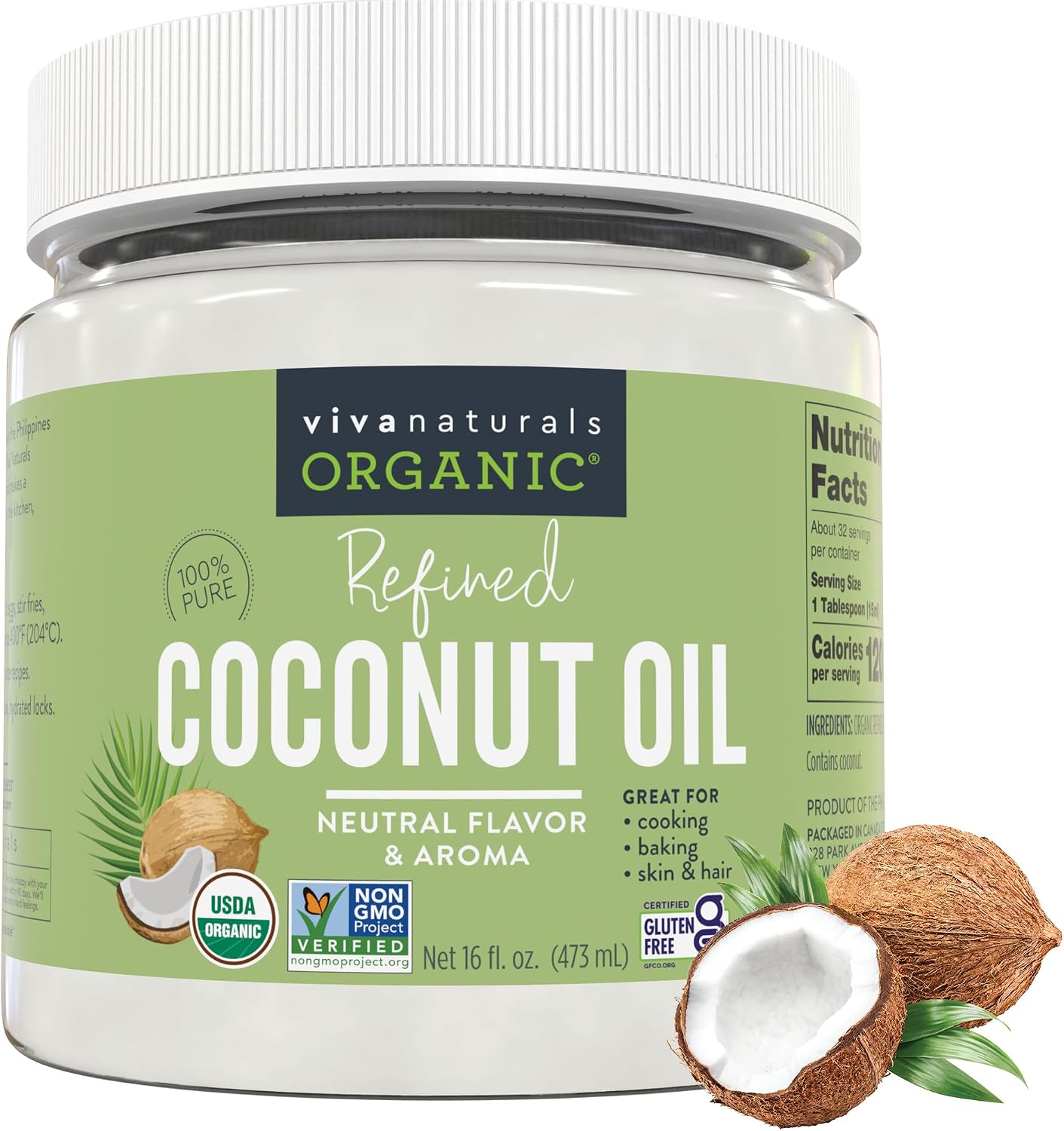 Viva Naturals Refined Coconut Oil, 16 fl oz – Expeller-Pressed, USDA Organic, Neutral Flavor & Aroma, Ideal for Cooking, Baking, Hair & Skin Moisturizer