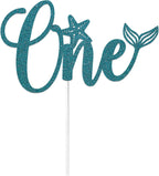 One Mermaid Cake Topper, Under the Sea 1st Birthday Party Decorations, Mermaid Party Decorations for Girls Blue Glitter