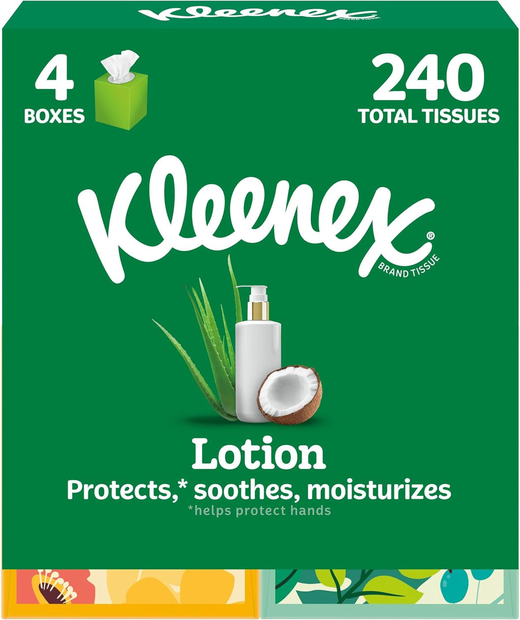 Kleenex Lotion Facial Tissues with Coconut Oil, 4 Cube Boxes, 60 Tissues Per Box, 3-Ply