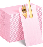 60 Pcs Pink Linen-Feel Paper Napkins with Built-in Flatware Pocket, Mother's Day Pocket Linen Napkin Prefolded Cloth Like Paper Napkins Bulk for Anniversay Wedding Baby Shower Birthday Bridal Party