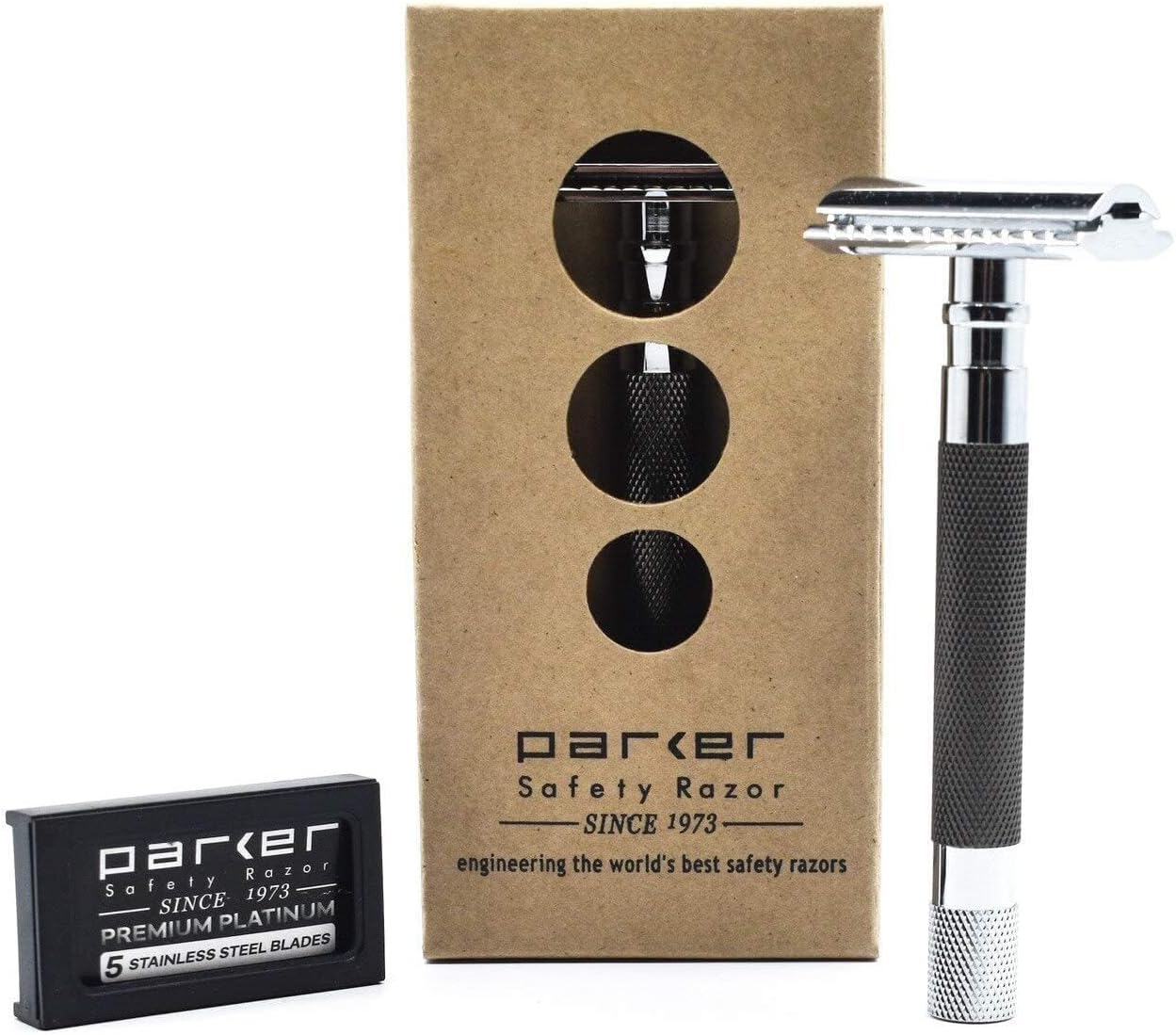 Parker 56R Heavyweight Double Edge Safety Razor with 5 Parker Premium Platinum Stainless Steel Razor Blades – Classic 3 Piece Design (Graphite)