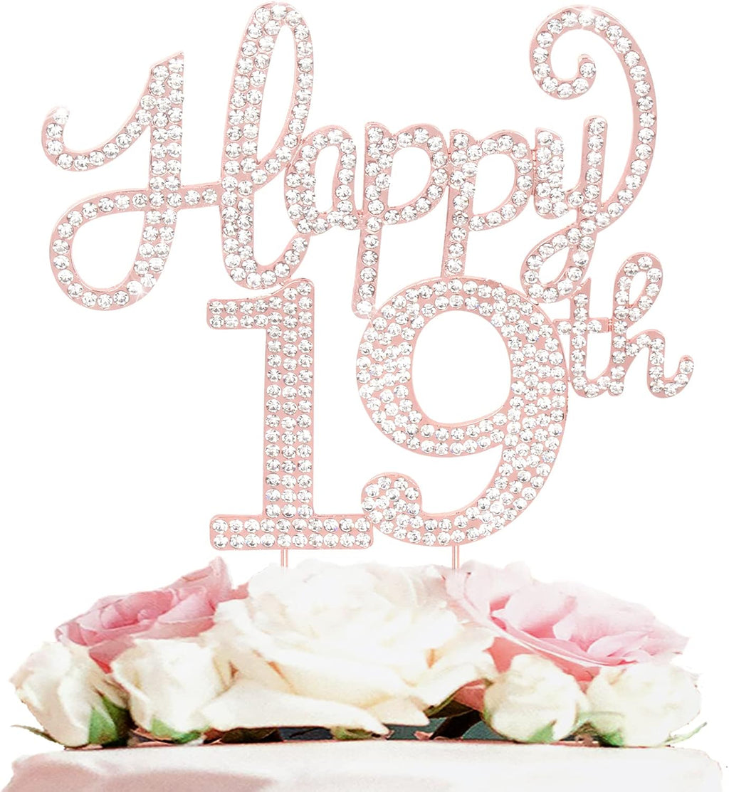 LASKYER Happy 19th Birthday Decorations,19th Birthday Rose Gold Rhinestone Cake Topper - Cheers to Nineteen Years Old Bday Party Metal Sparkly Cake Centerpieces Sign.