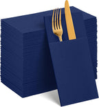 60 Pcs Navy Blue Linen-Feel Paper Napkins with Built-in Flatware Pocket, Graduation Pocket Linen Napkins Prefolded Cloth Like Paper Napkin Bulk for Silverware Birthday Bathroom Celebration Party