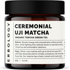 Erbology 100% Organic Ceremonial Grade Matcha 1.4 oz - Tencha Stone-Ground - Straight from Farm in Kyoto, Japan - Energizing and Stress-Reducing - Non-GMO - Recyclable Glass Jar