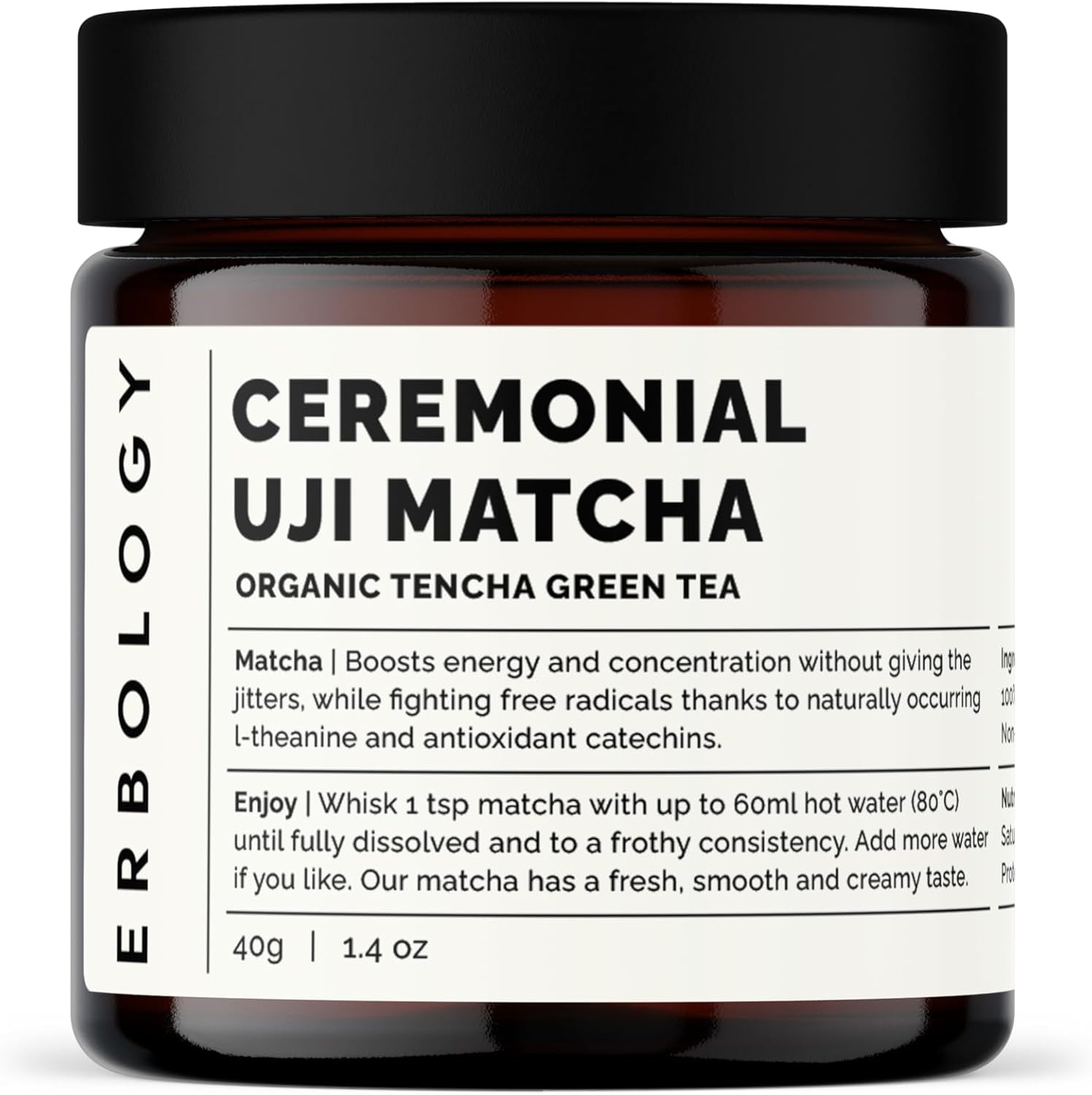 Erbology 100% Organic Ceremonial Grade Matcha 1.4 oz - Tencha Stone-Ground - Straight from Farm in Kyoto, Japan - Energizing and Stress-Reducing - Non-GMO - Recyclable Glass Jar