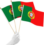 G128 12 Pack Handheld Portugal Portuguese Stick Flags | 12x18 In | Printed 150D Polyester, Country Flag, Solid Wooden Stick, Spear Gold Tip