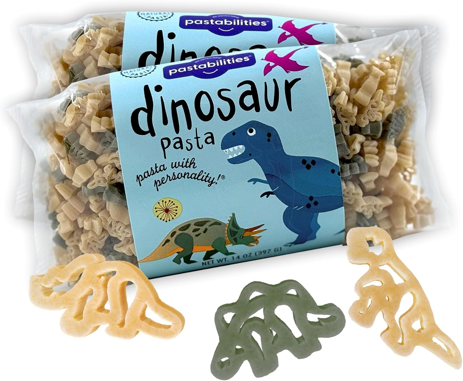 Pastabilities Fun Shaped Pasta for Kids - Dinosaur Pasta Dinosaur Fun Shapes, Family Size, Non-GMO Natural Wheat Pasta, All-Natural, Kosher Certified, Made in the USA, (2 Pack,14 Oz)
