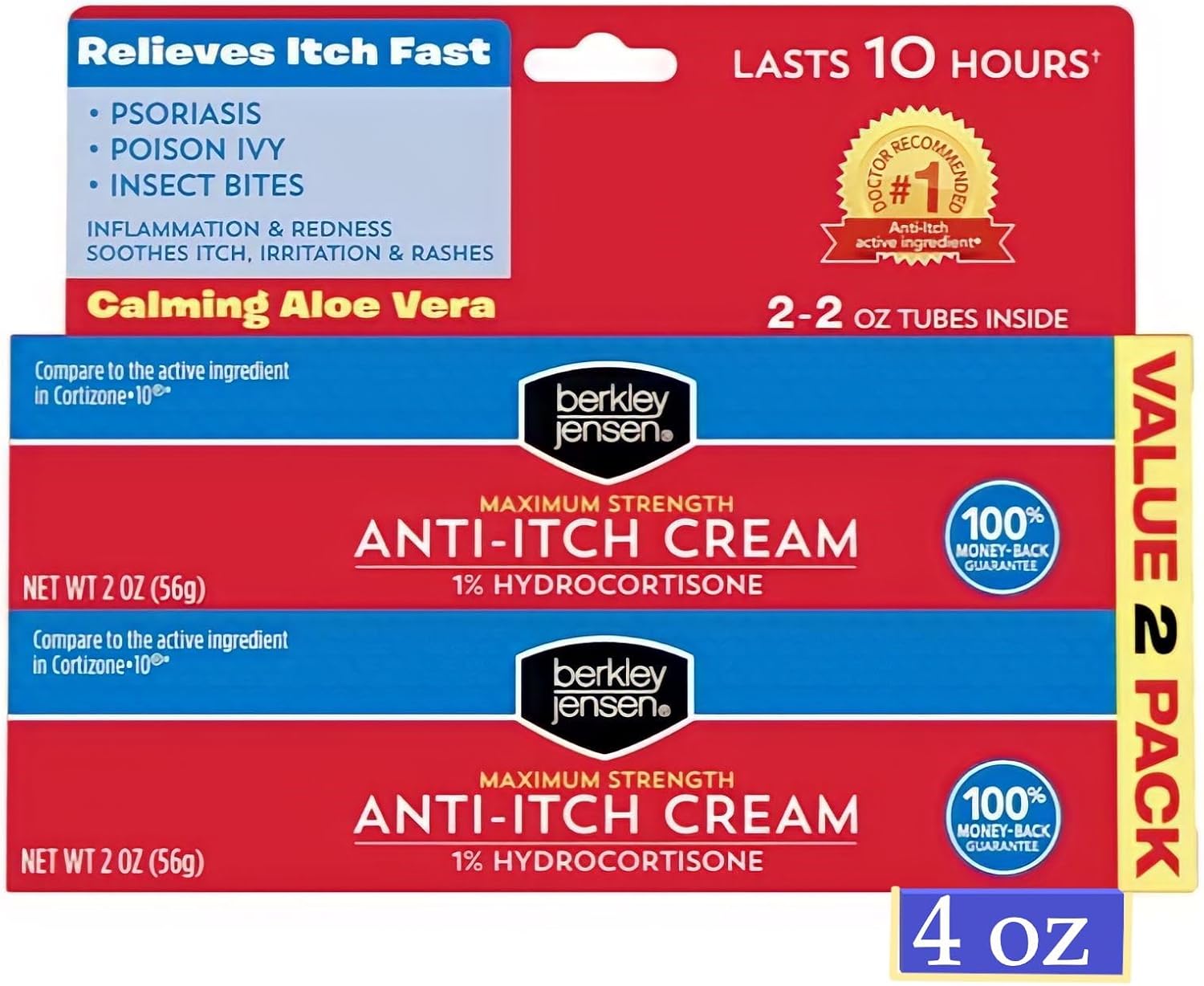 Berkley Jensen Maximum Strength Anti-Itch Cream (4 oz.), with Calming Aloe Vera, 1% Hydrocortisone Itch Relief for Eczema, Psoriasis, Bug Bites, Poison Ivy, Oak and Sumac, 2 oz. Tube (Pack of 2)