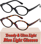 2 Pack Oval Blue Light Glasses for Women, Lightweight TR90 Small Frame with Spring Hinge for All-Day Comfort, Anti UV Glare & Eyestrain