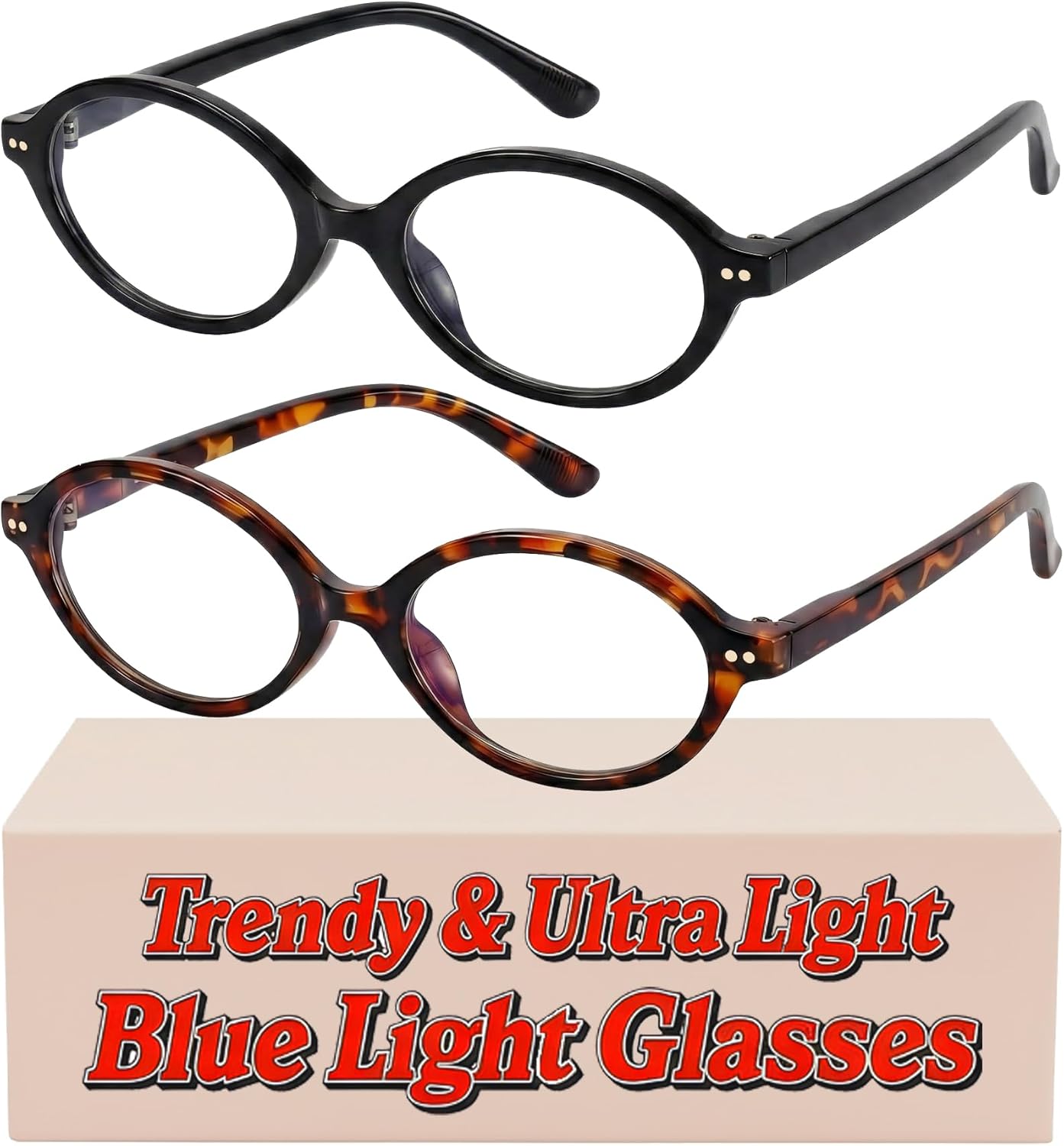 2 Pack Oval Blue Light Glasses for Women, Lightweight TR90 Small Frame with Spring Hinge for All-Day Comfort, Anti UV Glare & Eyestrain
