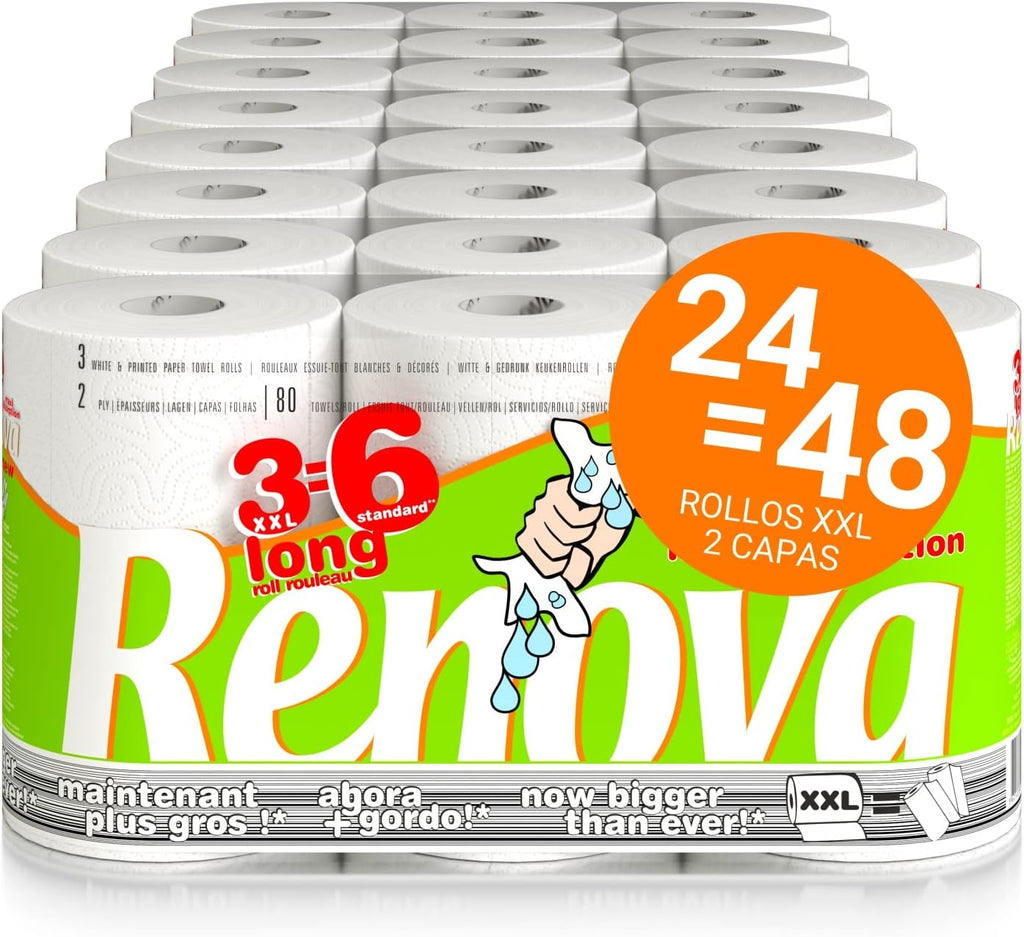 Renova Max Absoption XXL Kitchen Roll, 24 Double Rolls Equivalent to 48 Standard Rolls, Decorated Rolls, Maxi Absorbent