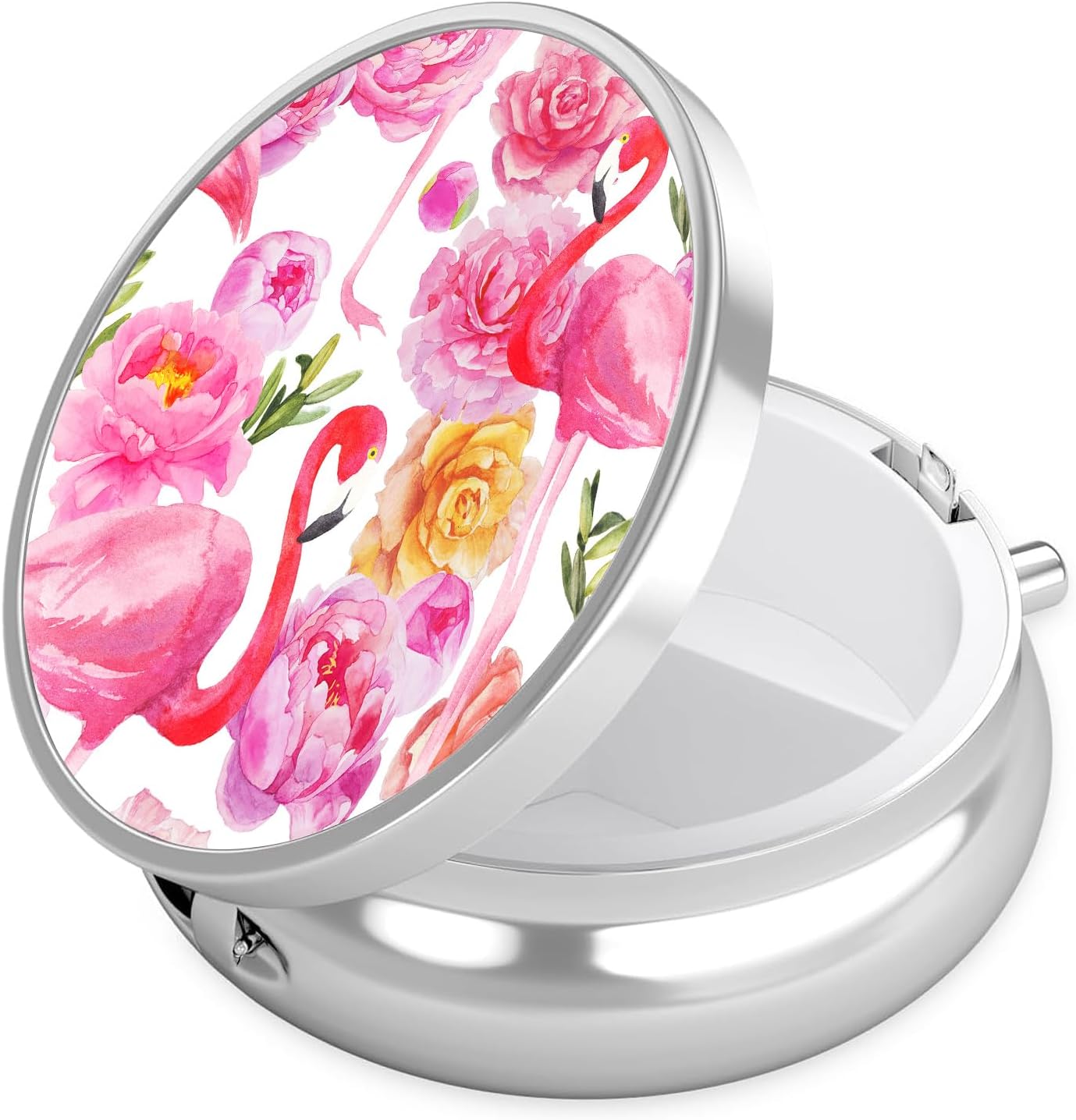 Watercolor Flamingo Rose Pill Case, Pill Box 3 Compartments Metal Small Pill Holder with Mirror Mini Travel Pill Container for Purse Pocket Women Men