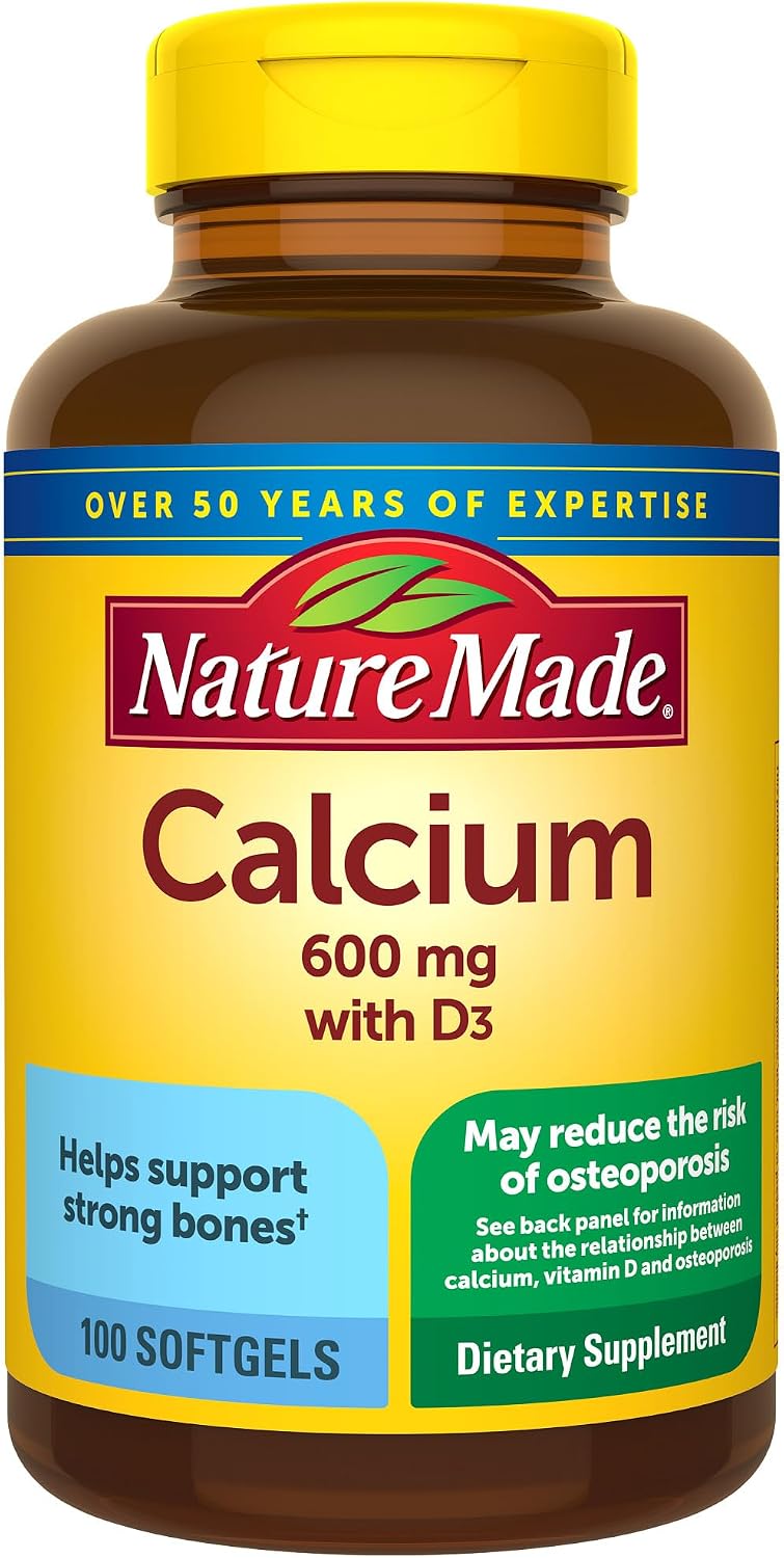 Nature Made Calcium 600 mg with Vitamin D3, Dietary Calcium Supplement for Bone Support, 100 Softgels