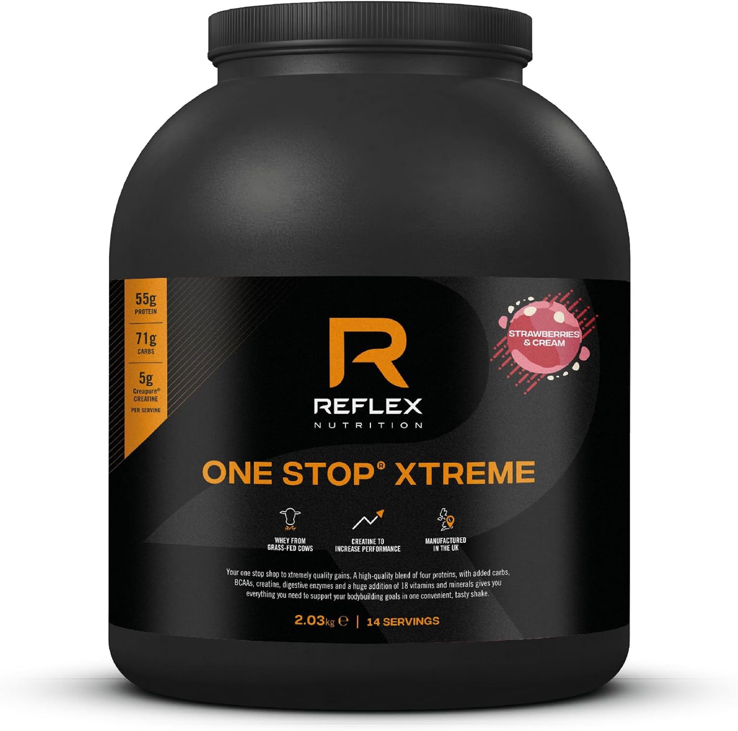 Reflex Nutrition One Stop Xtreme Serious Mass Protein Powder 55g Protein 10.3g BCAA'S, 73g Low GI Carbs 5,000mg Creatine & Added Vitamins (Strawberries & Cream, 2.03kg)
