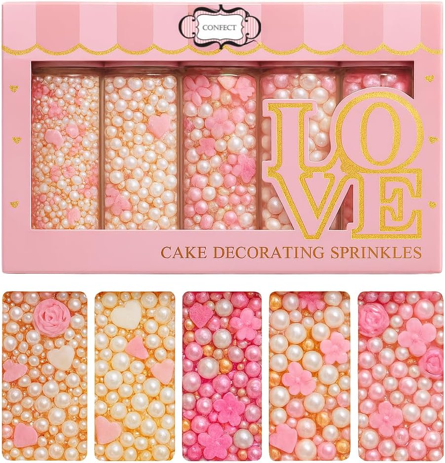 Confect Pink Mini Roses I Silver Hearts & Vermcelli and White Pearls | Anniversary Sprinkles | Sprinkles for Baking & Cake Decorative | Edible sprinkles - Vegan, Gluten-Free, Nut-Free, Soy-Free, Dairy-Free , Handcrafted Sprinkle 5 Oz