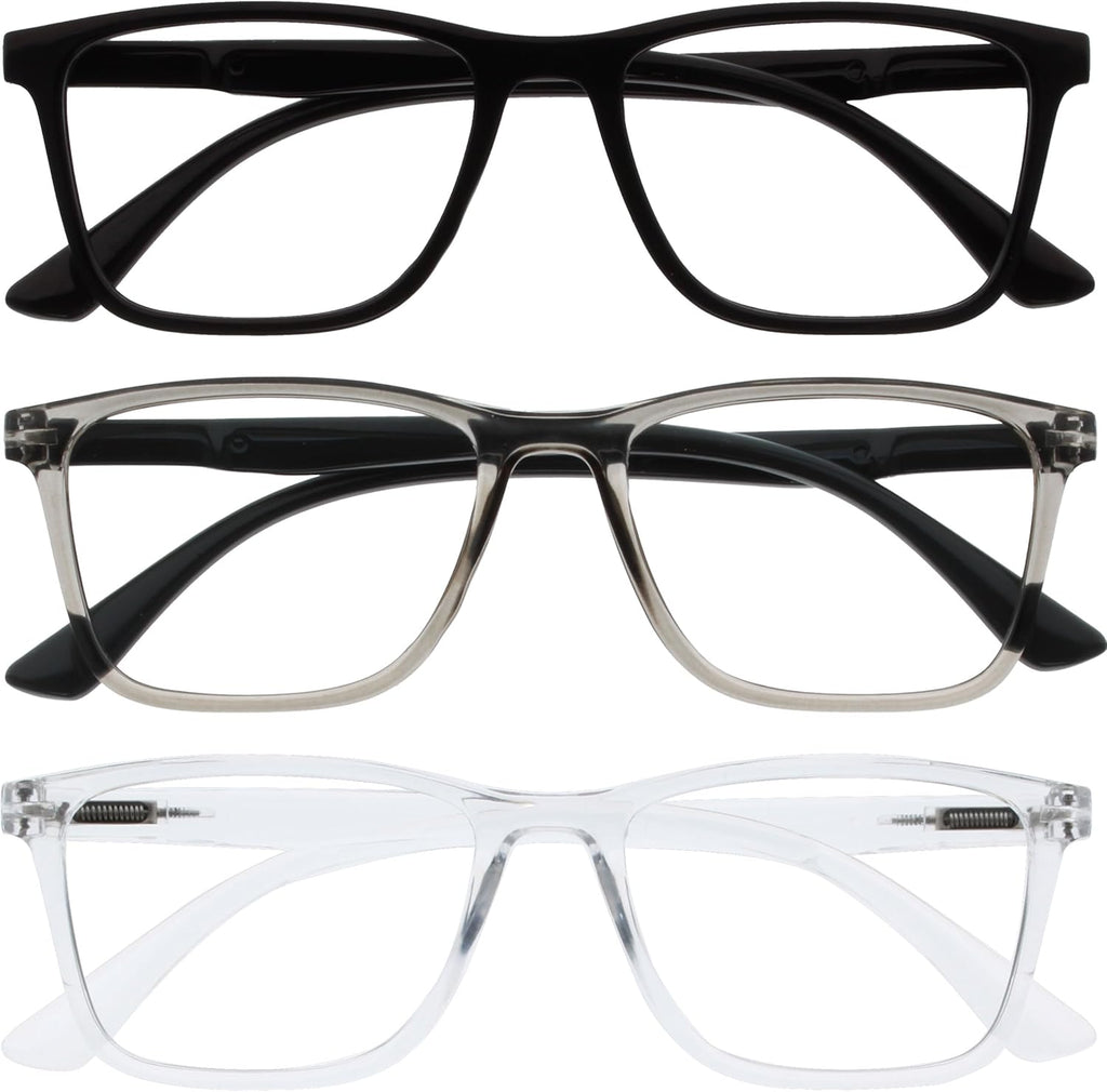 OPULIZE NYX Reading Glasses with Blue Light Blocking for Women Men, Rectangular Frame with UV & Eyestrain Protection, Anti-Glare Computer Gaming Glasses, Black, Grey, Clear +2.5 (Pack of 3)